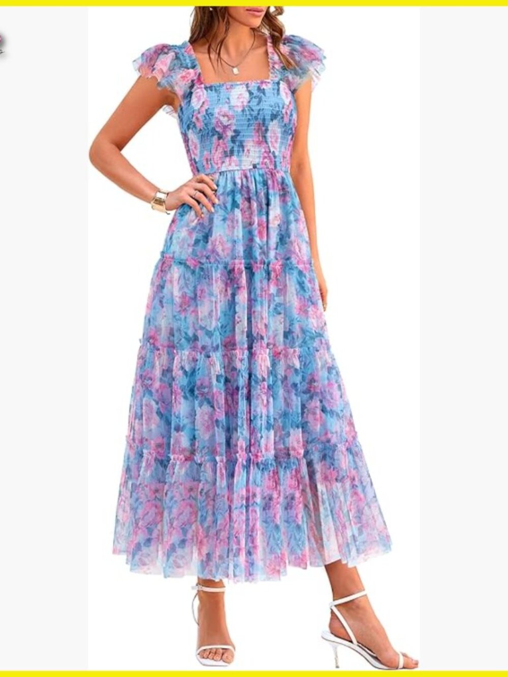 Tulle Midi Dress Smocked Ruffle Flowy Mesh Elegant Wedding Guest Sundress
